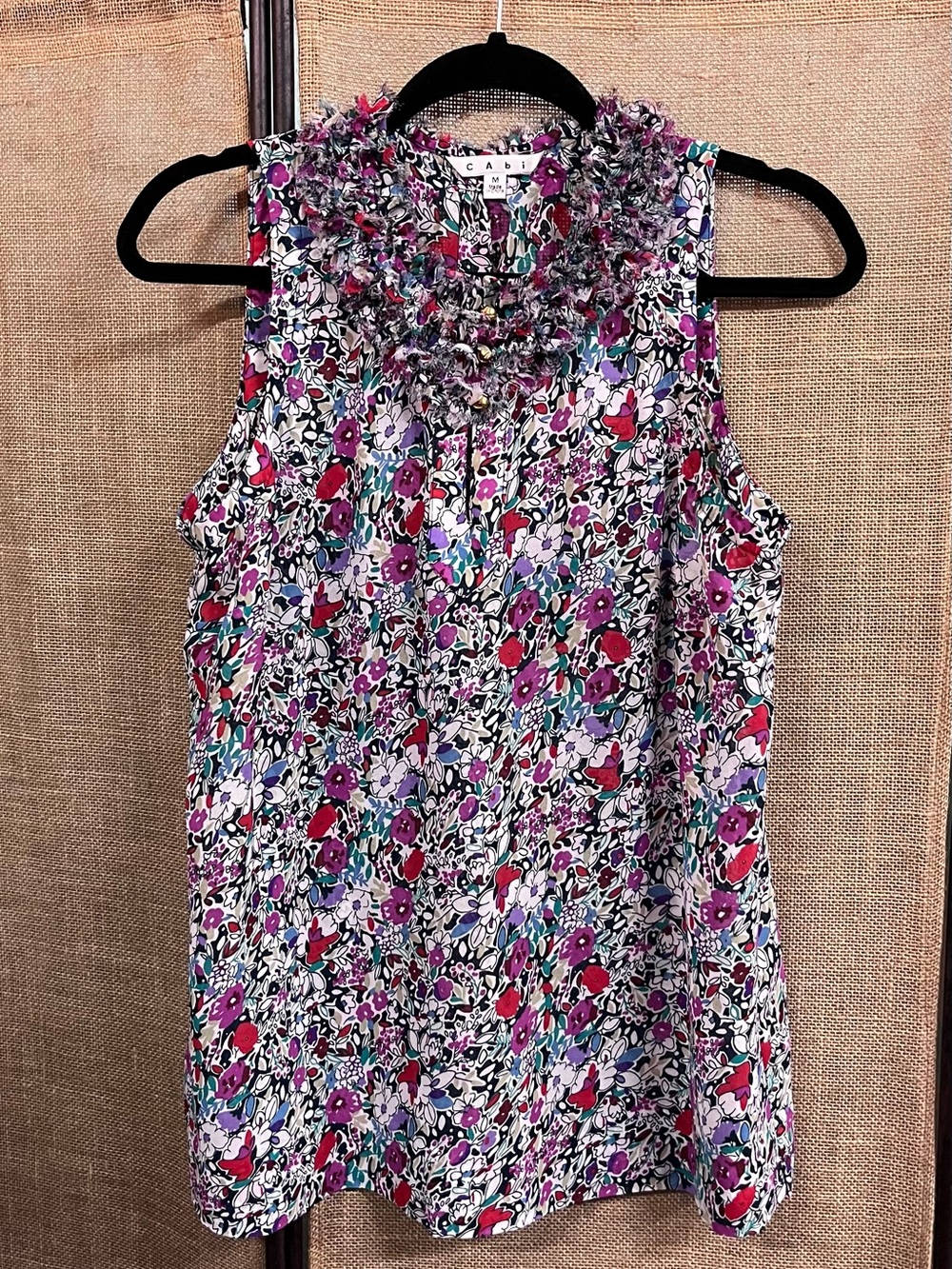 CAbi Floral Sleeveless Ruffle Neck Top in Multi